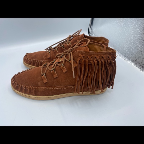 Zodiac Vera Leather Saddle Brown Fringe Boho Suede Moccasin Boots NWOT Size 8.5 - Picture 5 of 16